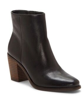 Lucky Brand Rylah Classic Black Leather Ankle Boot with Stacked Heel women’s 9